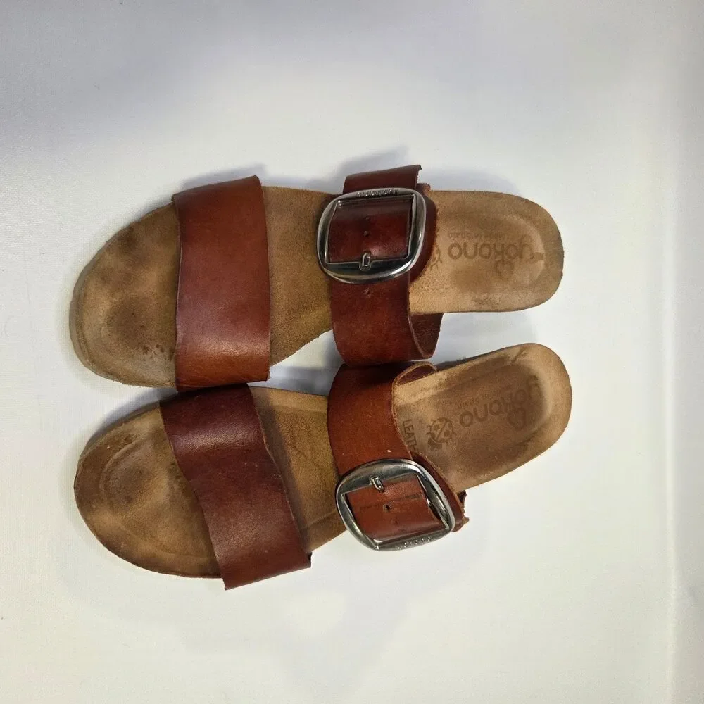 Yokono Brown Leather Wedge Buckle Slide Sandals Size 8 Spain